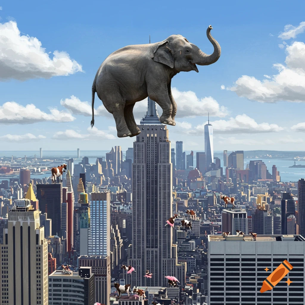 A surreal image of an elephant balanced on the Empire State Building, with cows on surrounding skyscrapers.