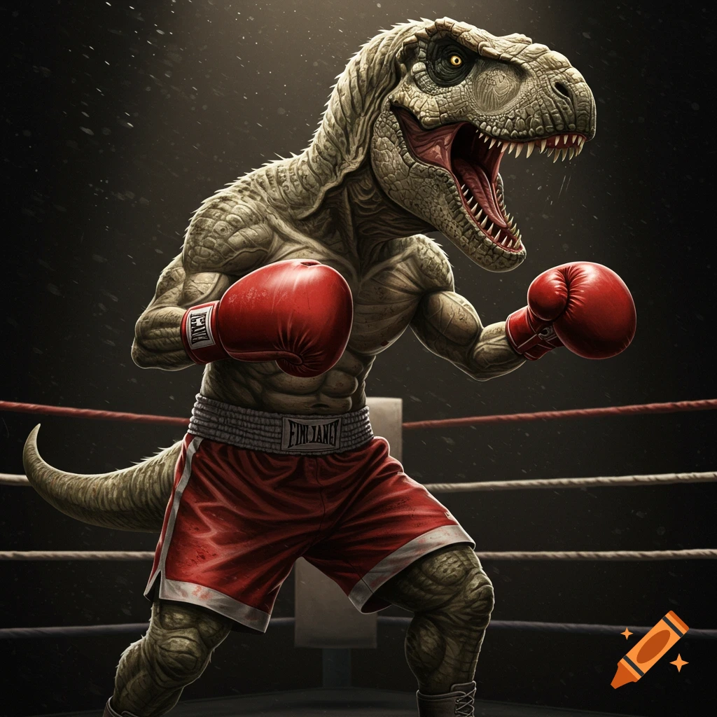 Realistic T-Rex wearing red boxing gloves and shorts in a ring, digital art.