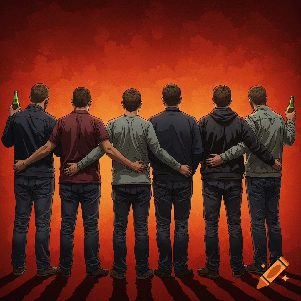 Six men viewed from the back, linking arms, holding beer bottles against a red background.