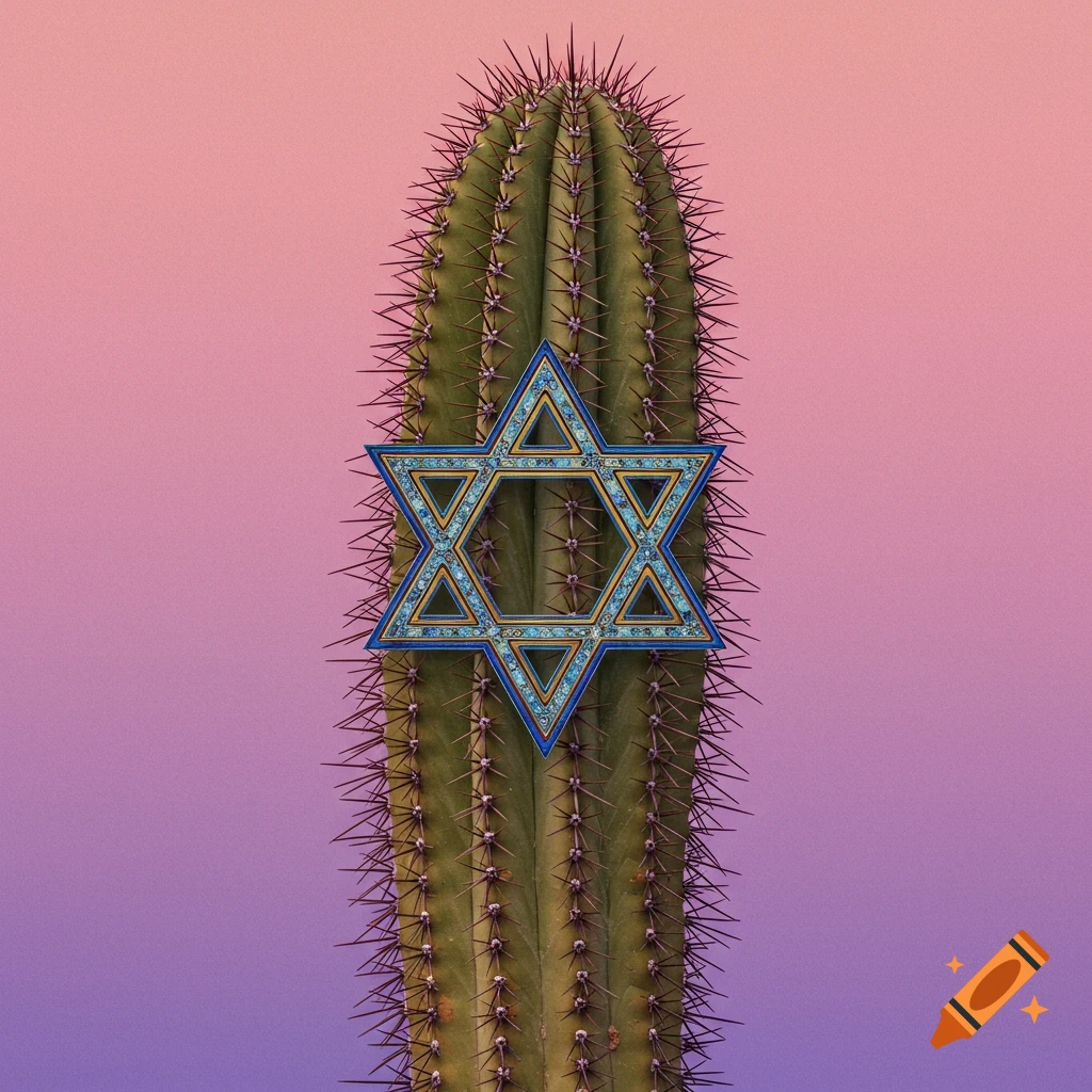Saguaro cactus with a detailed Star of David on it.
