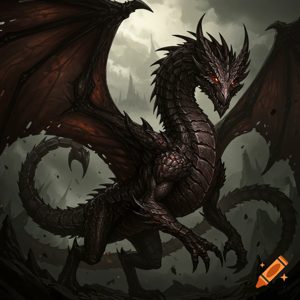 A black dragon in a rocky fantasy landscape