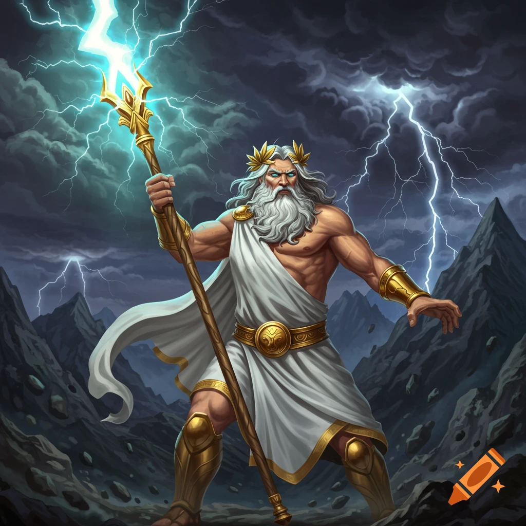 Zeus holding a lightning staff in a stormy mountain landscape.