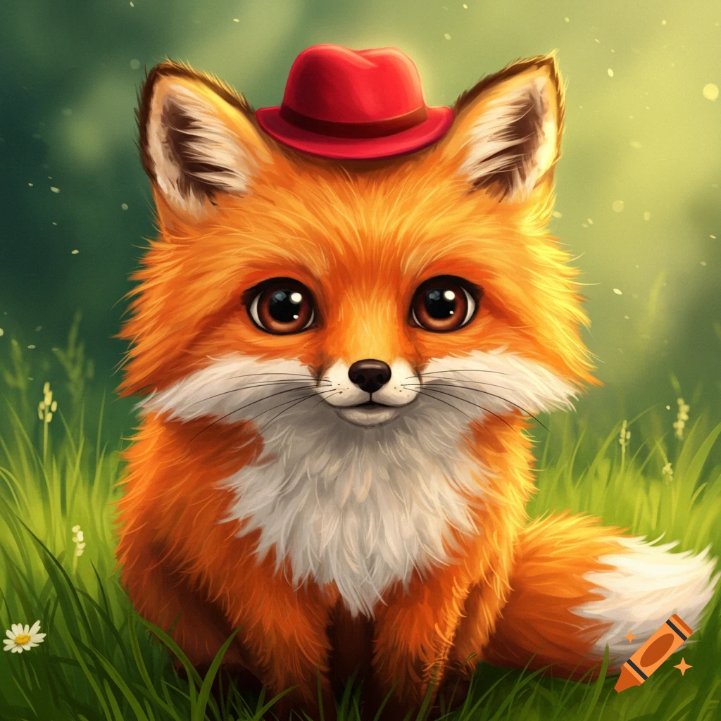 A cute fluffy fox wearing a red hat, sitting in grass.