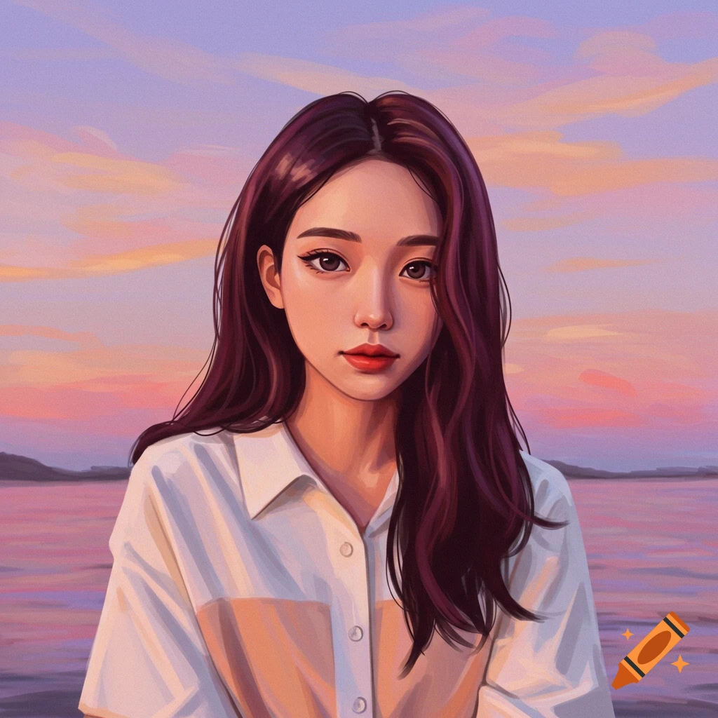 A young woman with long brown hair is positioned against a sunset over water.