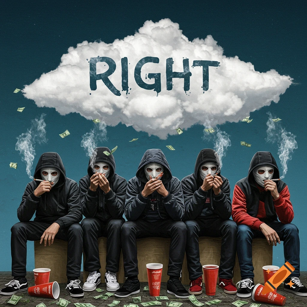 Five masked figures in hoodies sit smoking among money and cups, under a cloud with the word RIGHT.