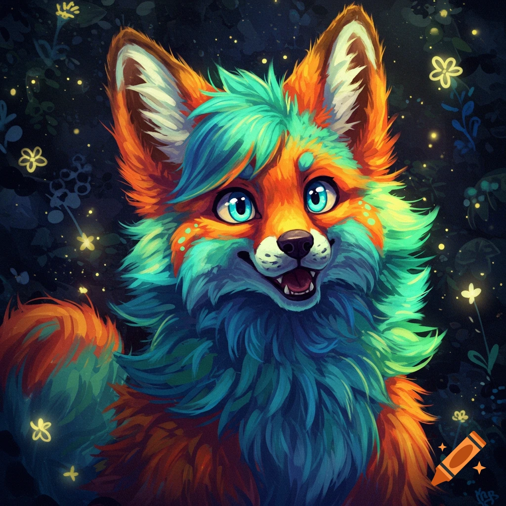 A colorful furry fox character with bright blue eyes smiles in a dark forest with glowing flowers.