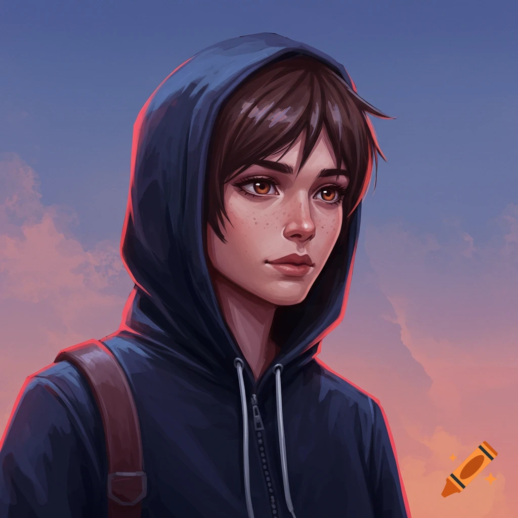 A young person with freckles wearing a hooded sweatshirt and backpack against a sunset sky.