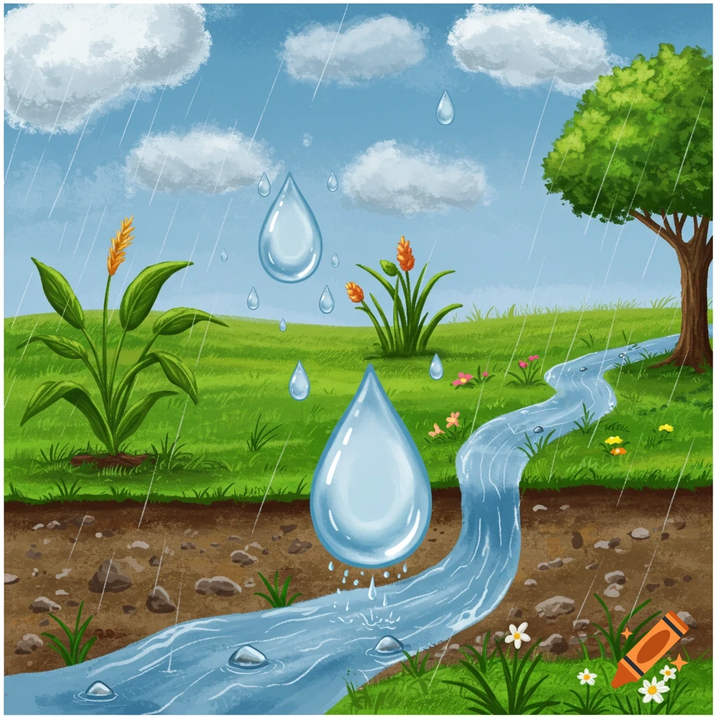 A stylized illustration of rain falling on a grassy landscape with plants, a stream, and large raindrops.