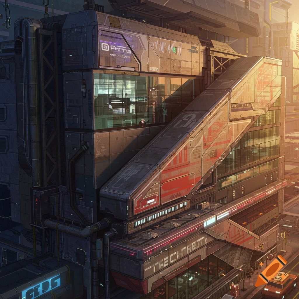 A futuristic tech building in a city at sunset