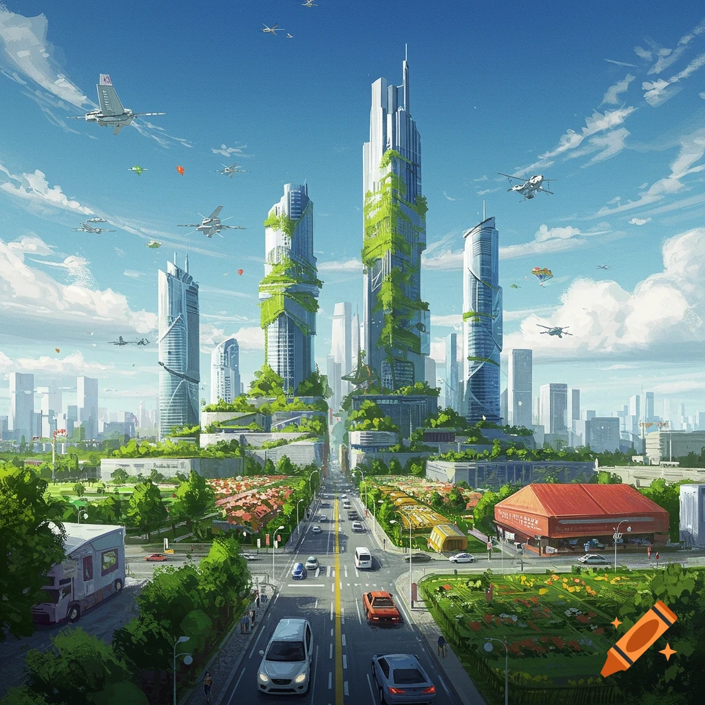 A sustainable futuristic city with green skyscrapers, gardens, and vehicles on a wide road.