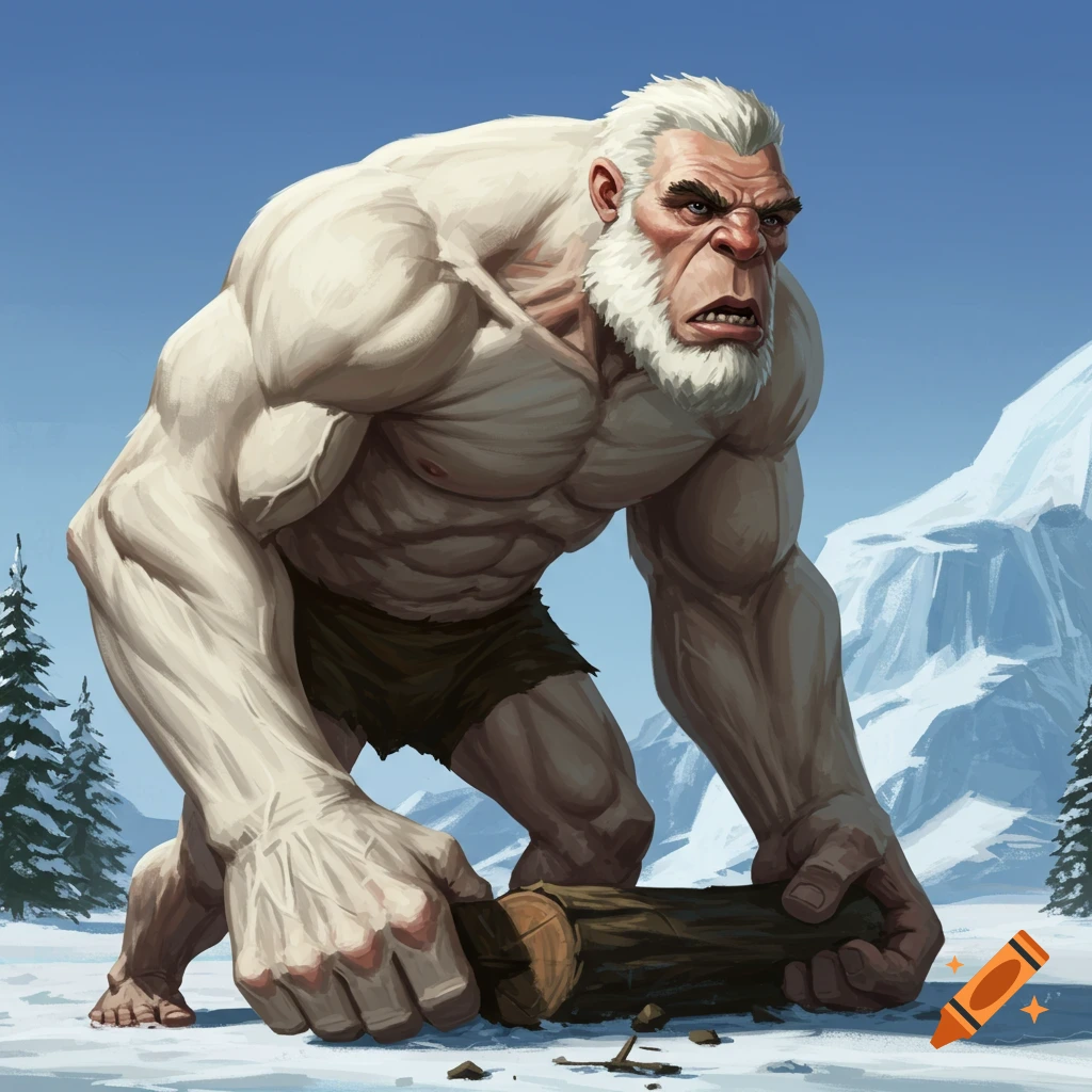 A large, muscular white yeti or giant in a snowy mountain landscape holds a log.