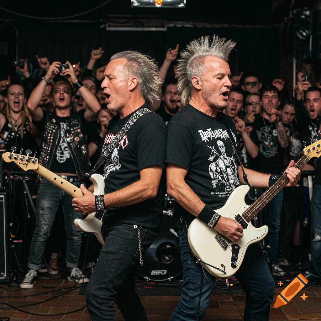 Two punk musicians perform on stage in front of a cheering crowd.