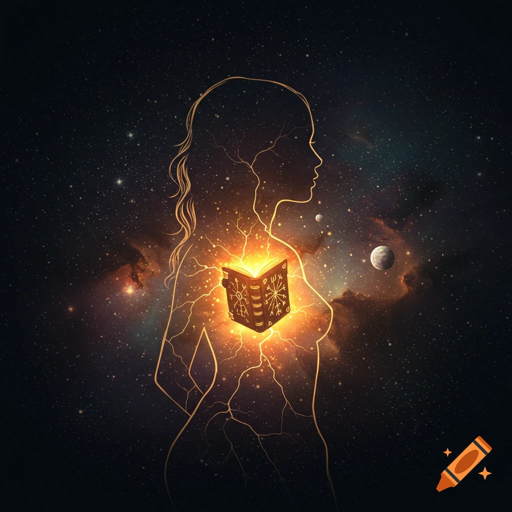 A woman's silhouette with glowing lines and a bright open book in her chest, set against a starry nebula background.