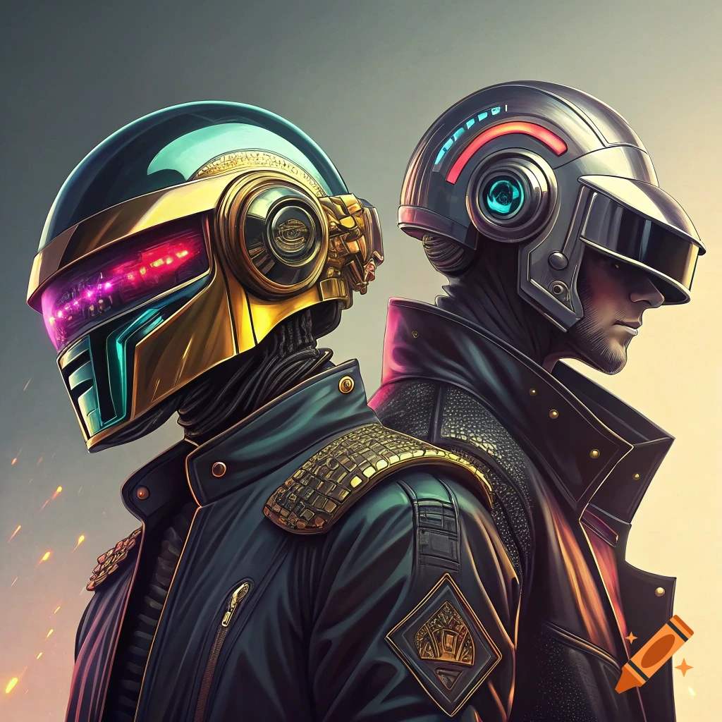 Two figures in futuristic helmets and jackets resembling Daft Punk stand back-to-back.