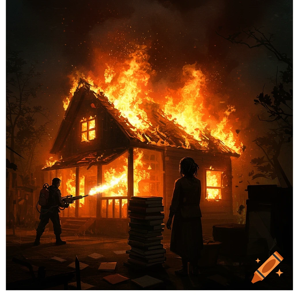 A person with a flamethrower burns a house while another watches beside a stack of books. Dramatic style.