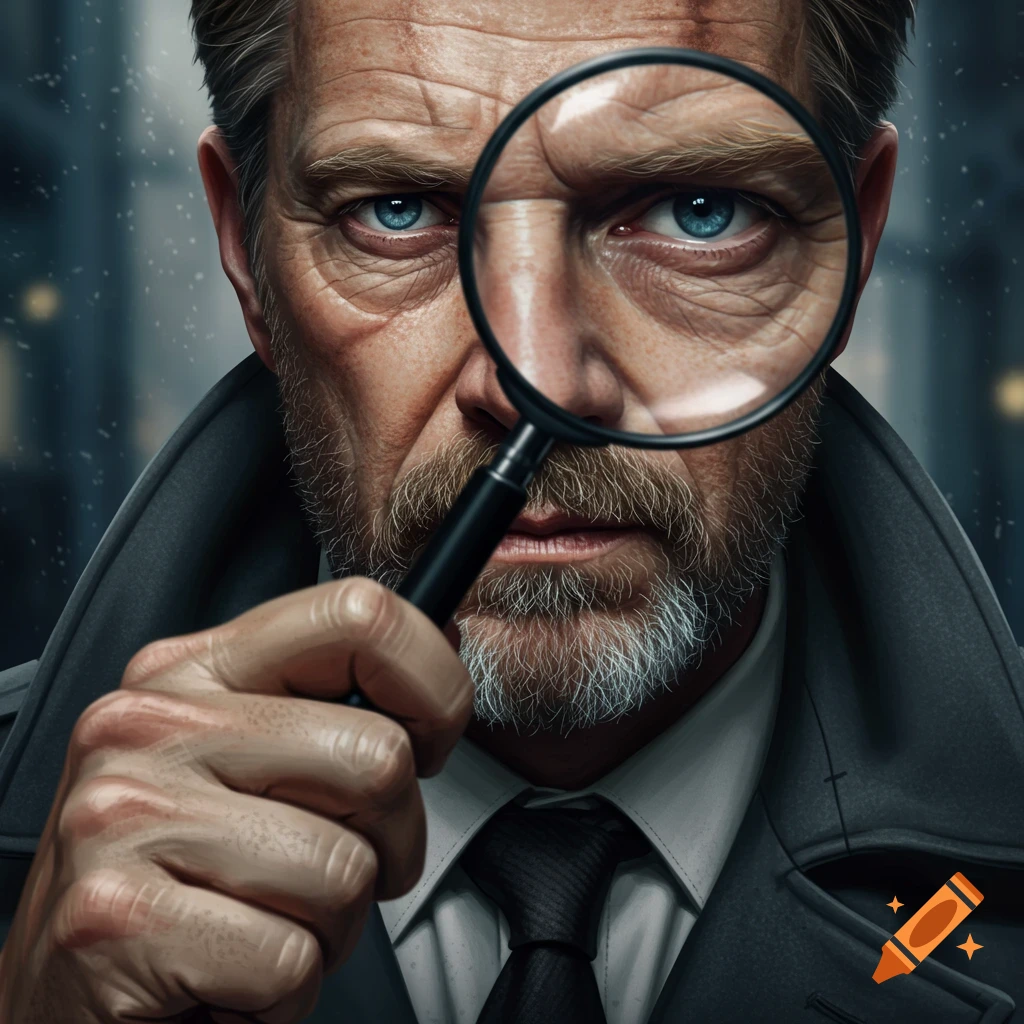A close-up of a man's face, likely a detective, holding a magnifying glass over one eye.