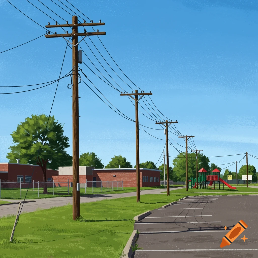 View of utility poles, a school building, playground, and parking lot on a sunny day.