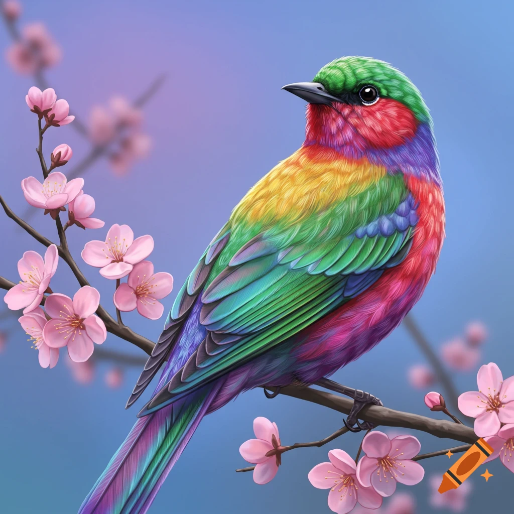 A colorful rainbow bird perched on a branch with pink cherry blossoms.
