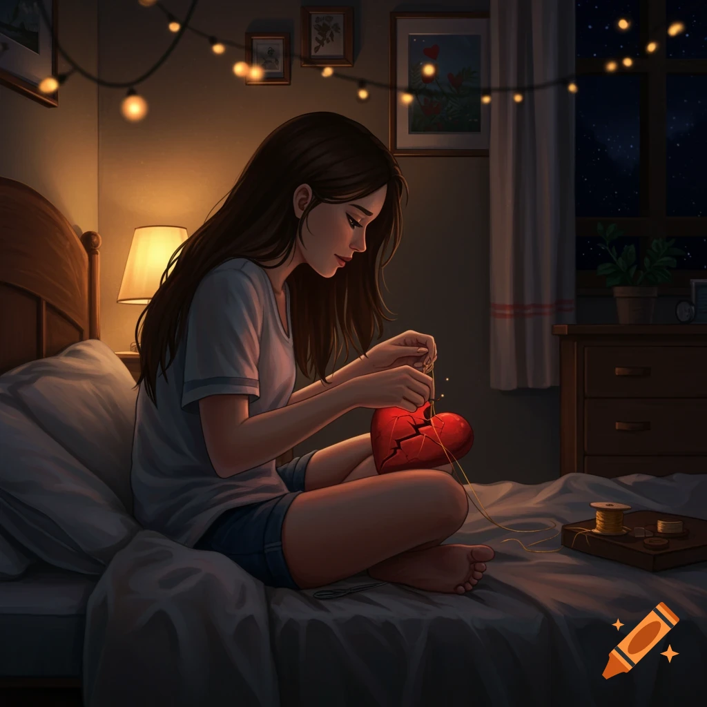 A woman is sewing a broken heart while sitting on a bed at night.