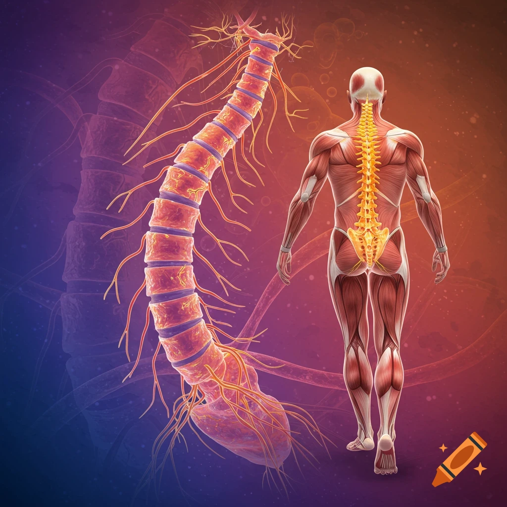 Digital illustration of a spinal cord and nervous system next to a walking human showing muscles and spine.