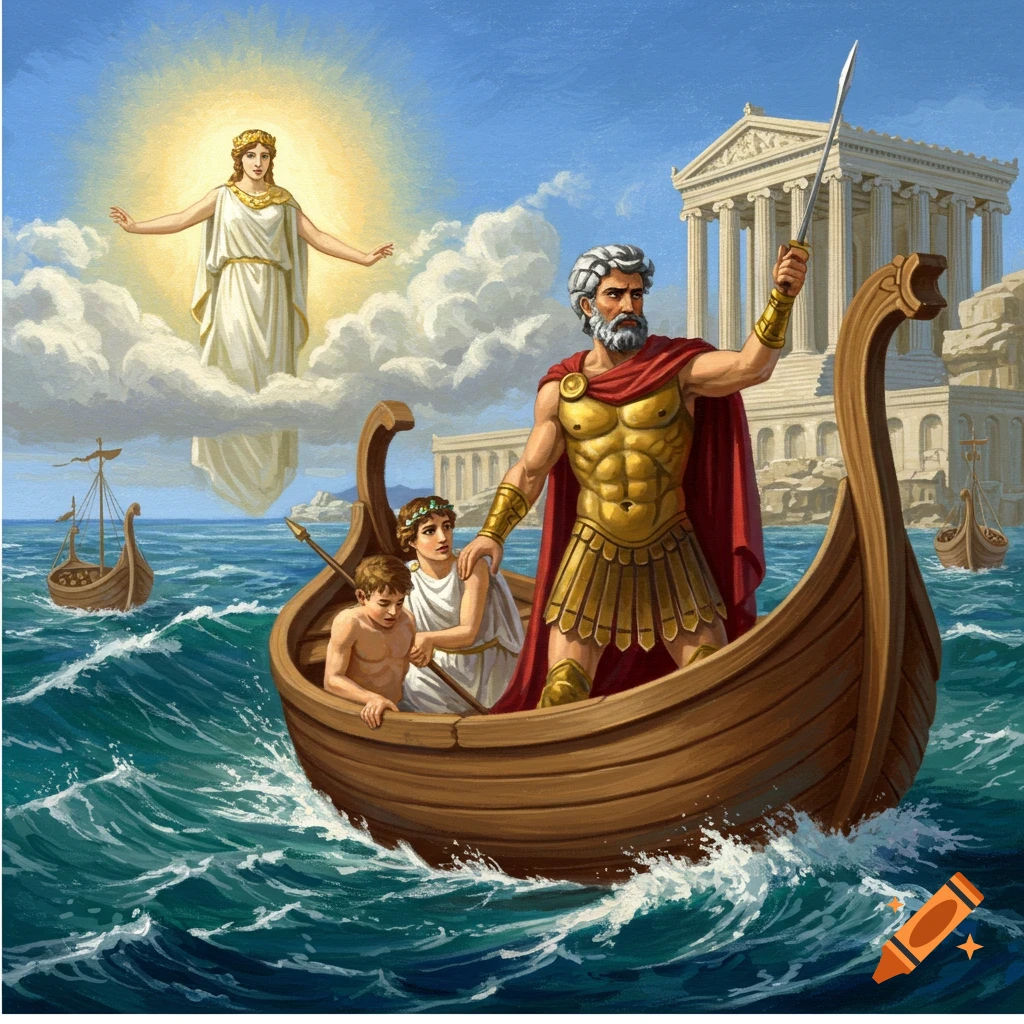 Odysseus and companions in a boat on a stormy sea, with the goddess Athena appearing in the sky and a temple on the shore.