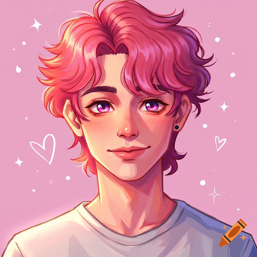 A young man with pink wavy hair and purple eyes on a pink background with sparkles and hearts