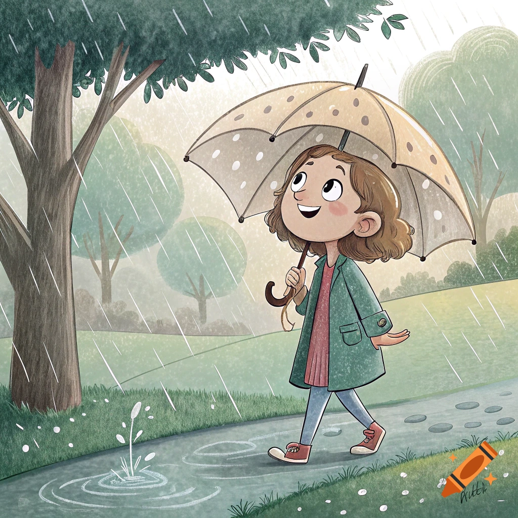 A cartoon illustration of a young girl smiling and walking in the rain with a polka-dot umbrella in a park.