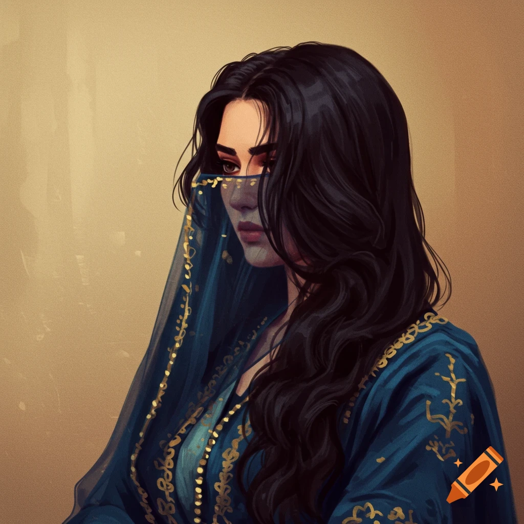 A woman with dark hair and blue veil looking down.