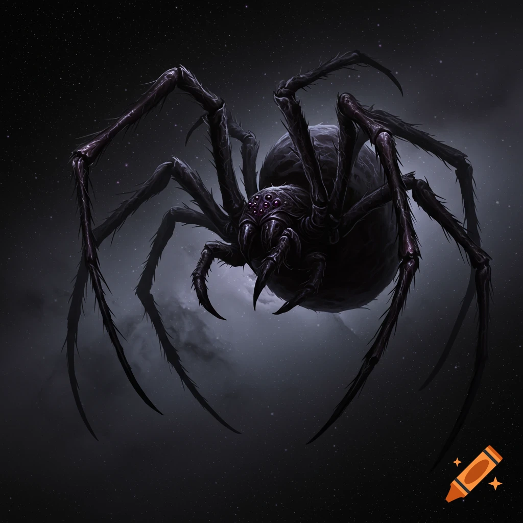 A dark, hairy fantasy spider floats in space with stars and clouds.