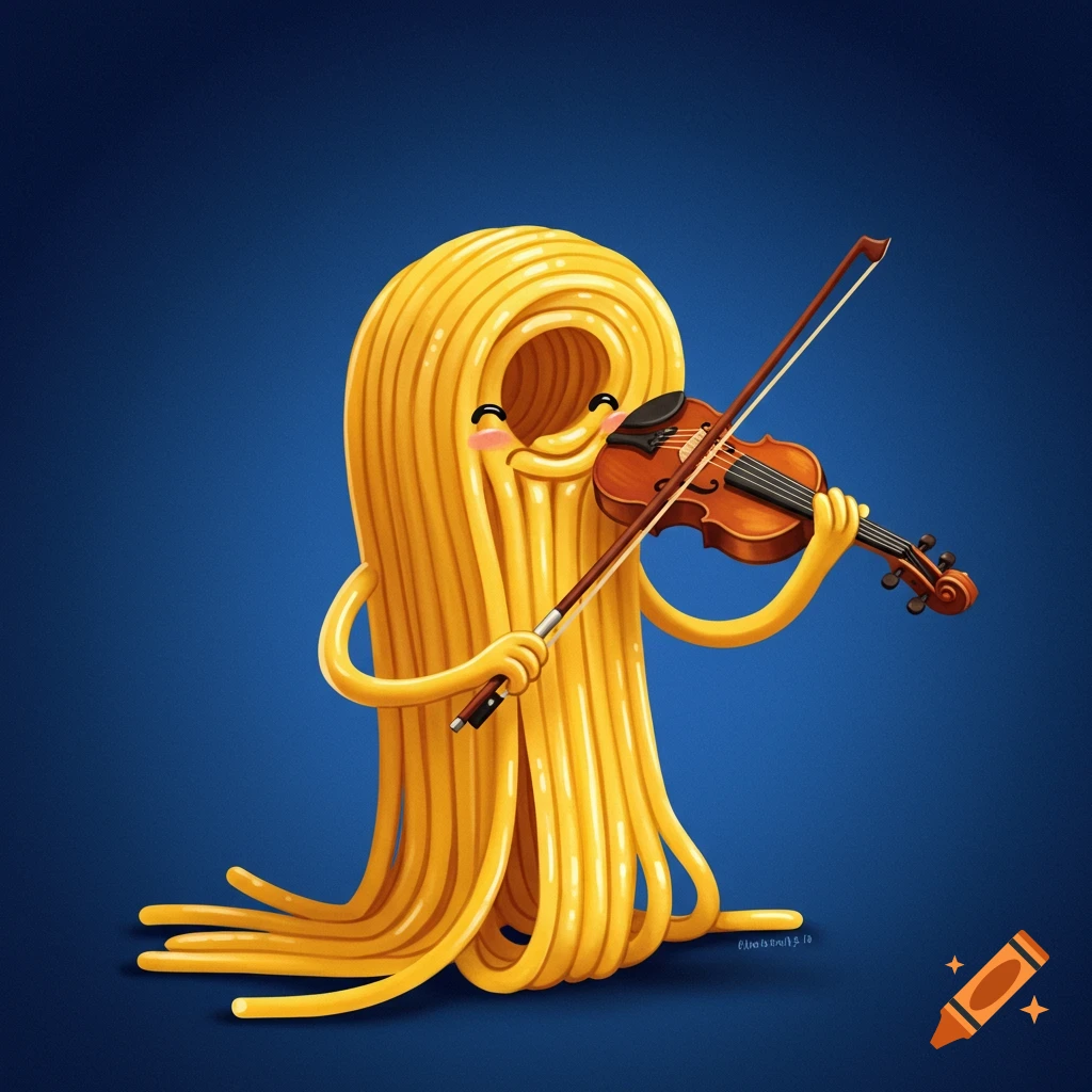 A cartoon character made of spaghetti plays a violin.