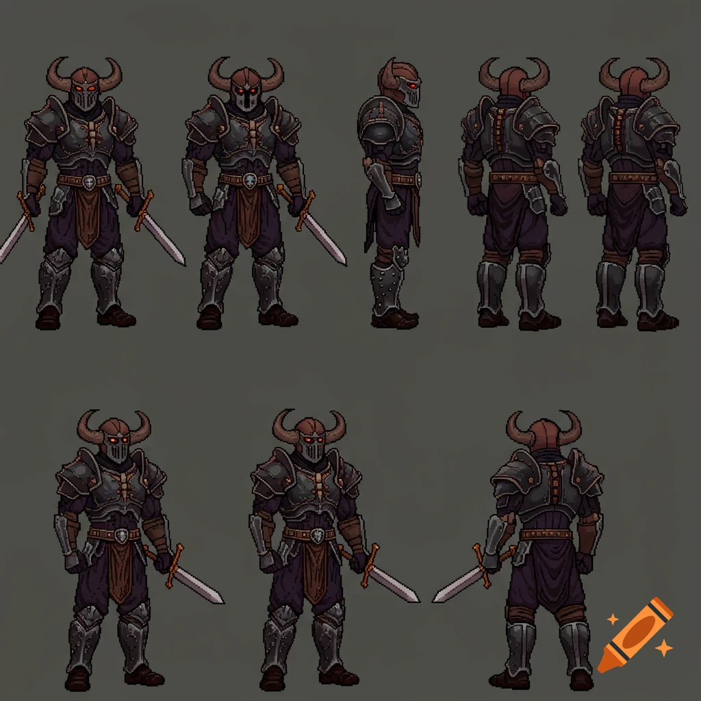 Pixel art sprite sheet showing multiple views of a fantasy warrior in dark armor holding a sword.