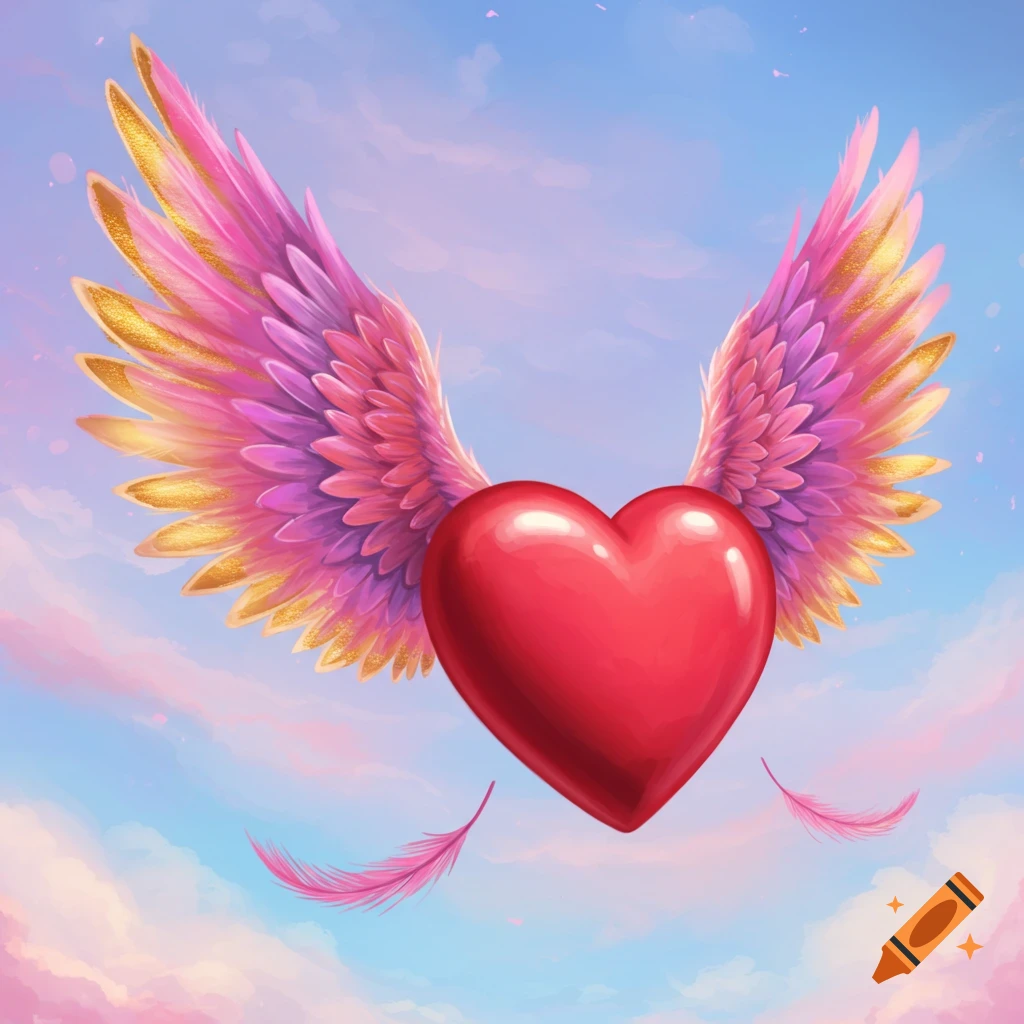 A red heart with pink and gold feathered wings flies in a cloudy blue sky.
