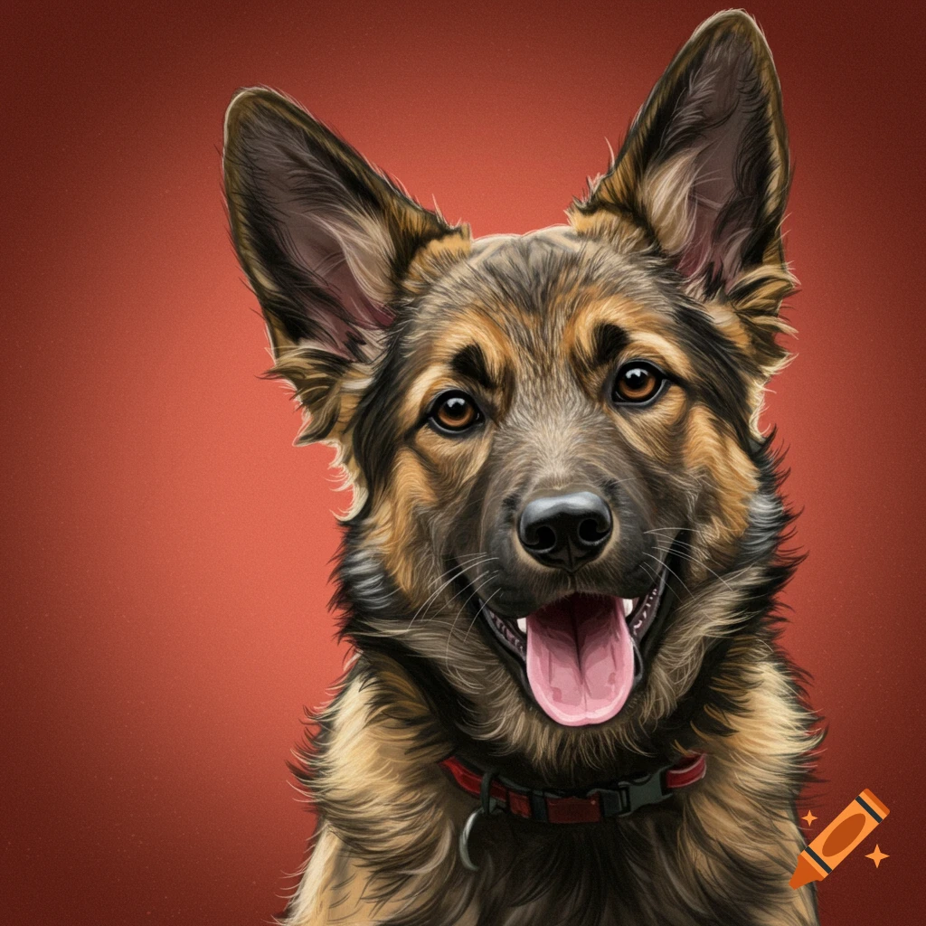 Close-up portrait of a German Shepherd dog looking at the camera with its tongue out.