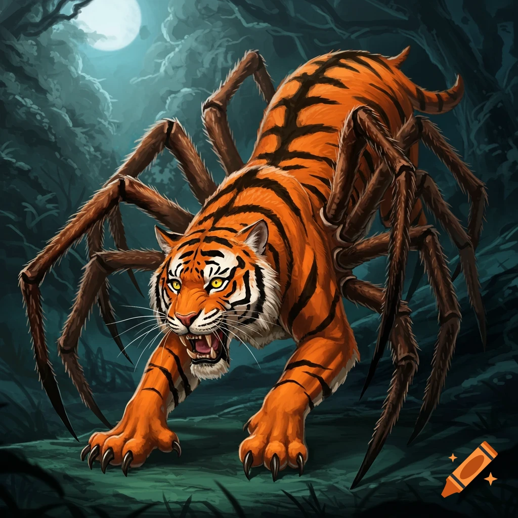 A spider-tiger hybrid creature stands in a dark forest under a full moon.