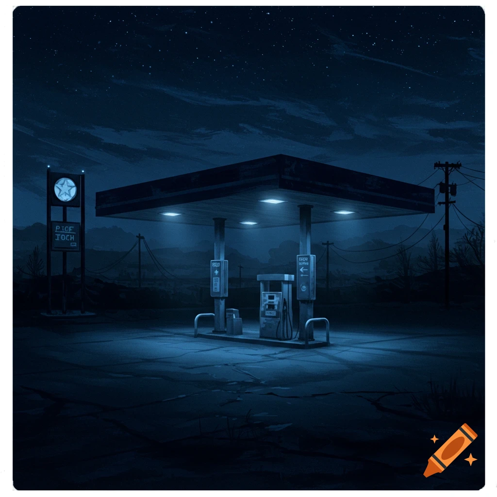 A lonely gas station stands at night under a starry sky.