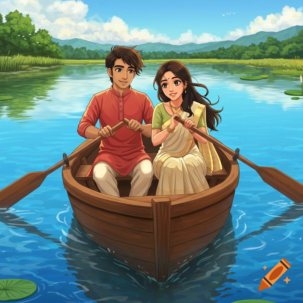 Anime couple rowing a boat on a lake