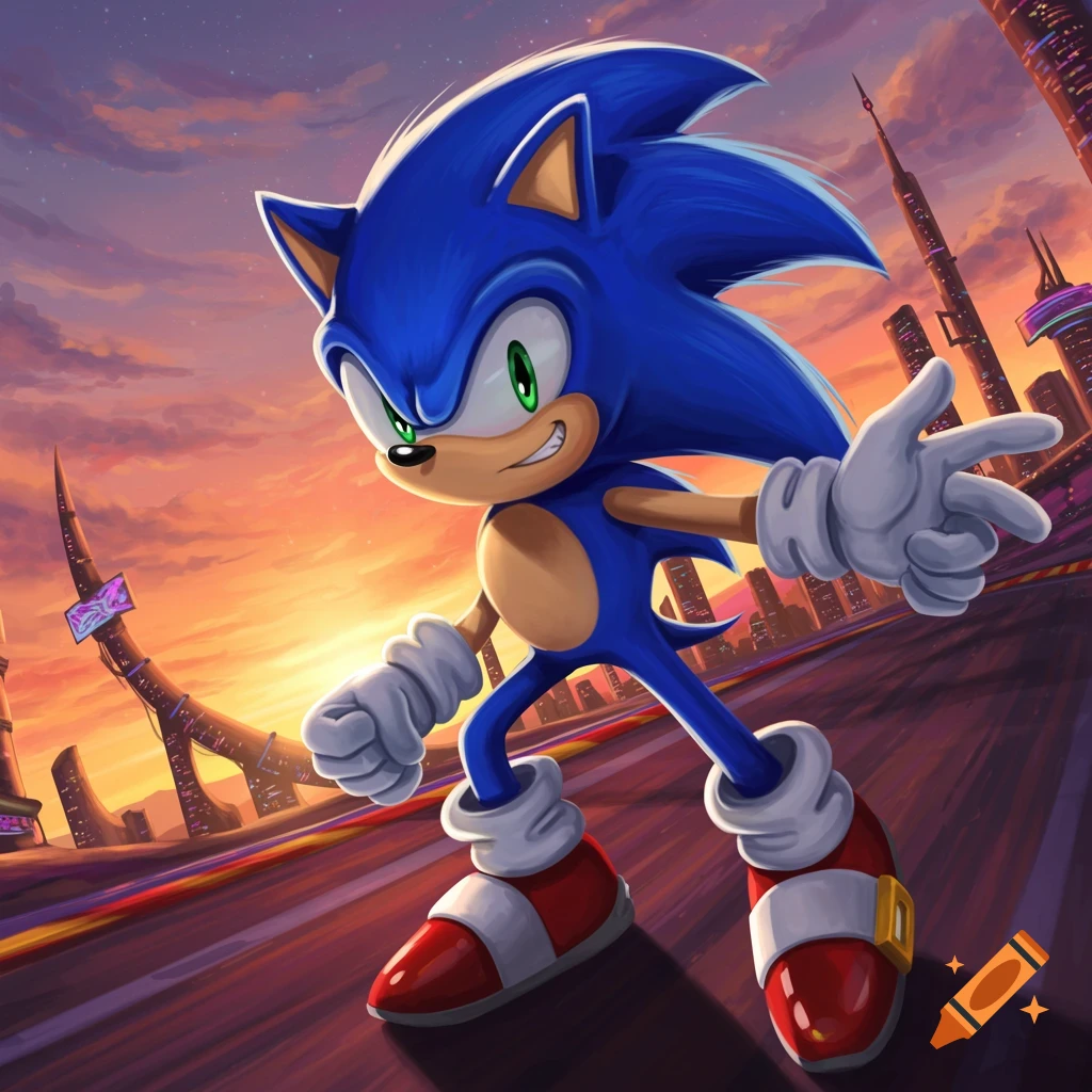 Sonic the Hedgehog stands on a track in a futuristic city at sunset.