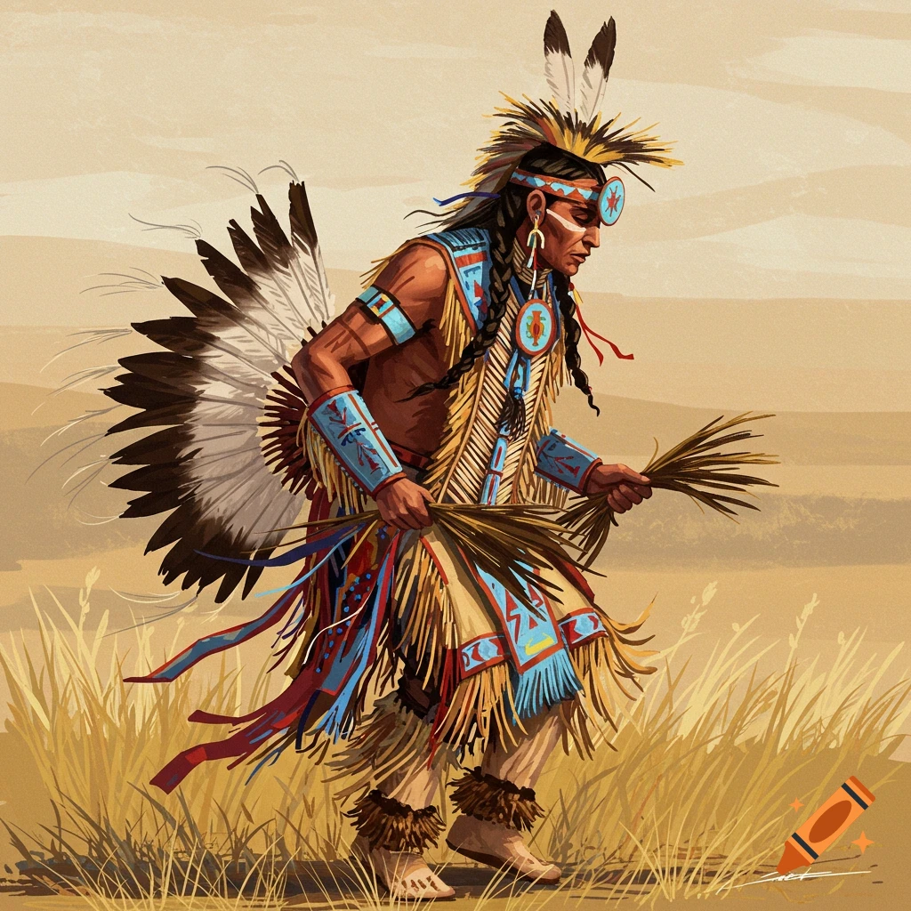 A person in Native American regalia performs the grass dance in a prairie.