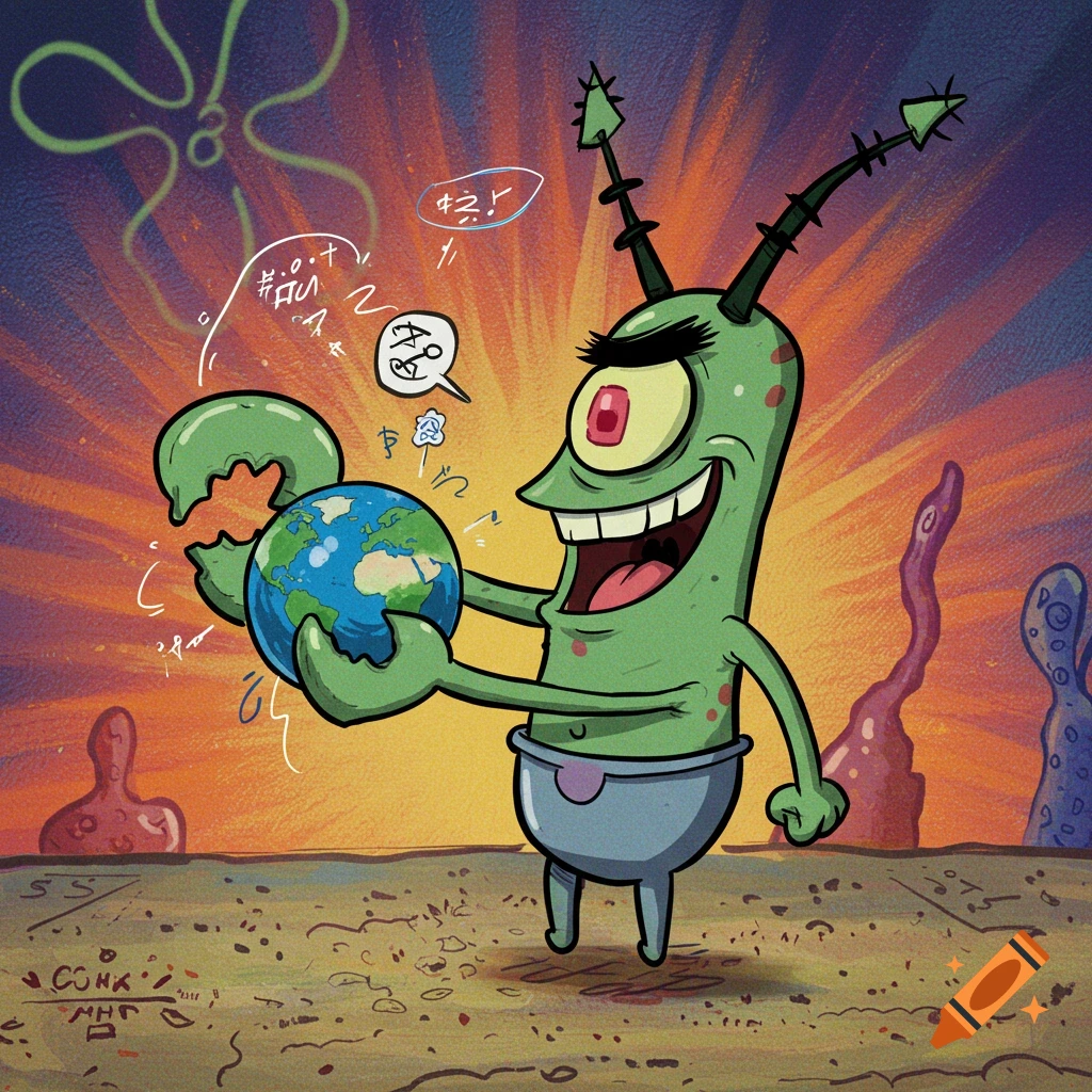 Plankton, the cartoon character, grins maniacally while holding a globe, plotting world domination.