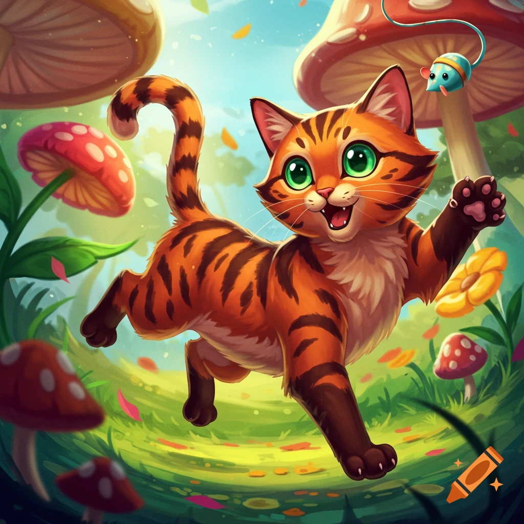 A cartoon cat jumps through a fantasy forest with large mushrooms.