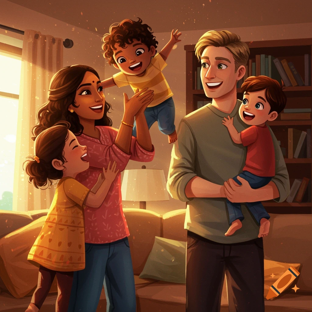A diverse family playing in a living room in a vibrant cartoon style.