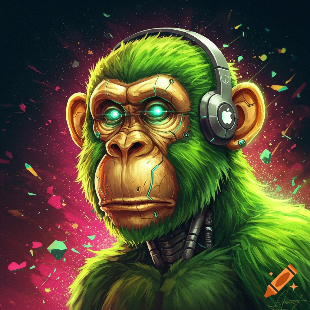 A futuristic cyborg ape with green fur, a golden metallic face, and glowing green eyes is wearing headphones with a logo.