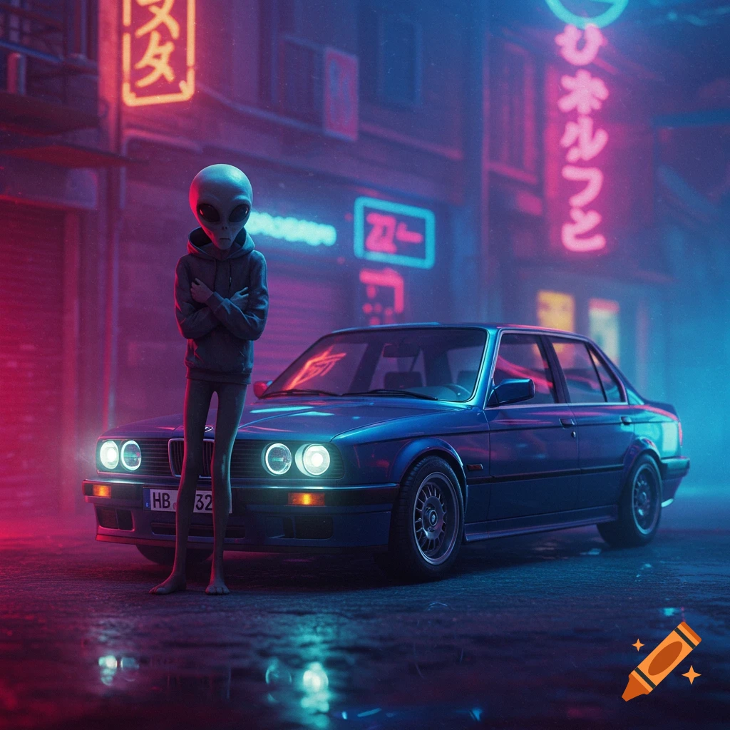 A gray alien in a hoodie stands next to a blue 1989 BMW 325 in a neon-lit cyberpunk street.