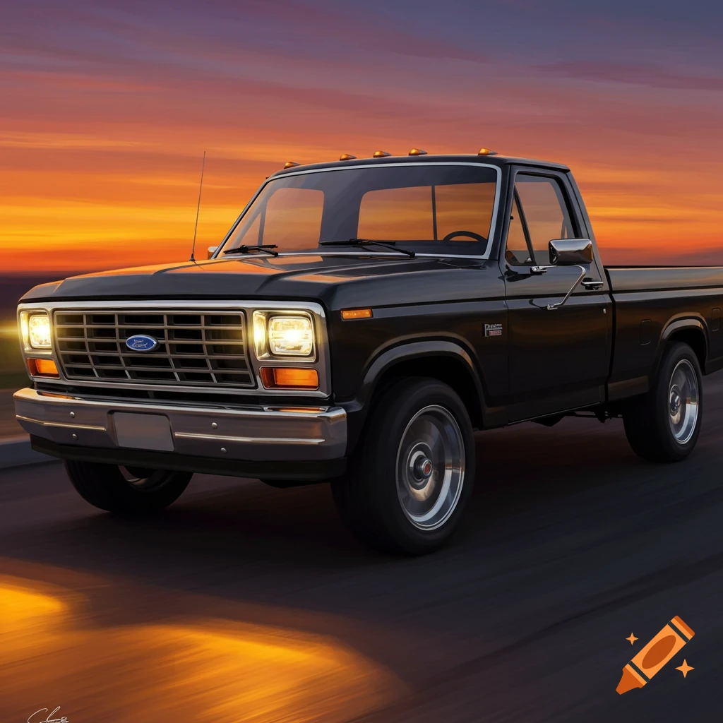 A black 1980s Ford F-series pickup truck drives at sunset.