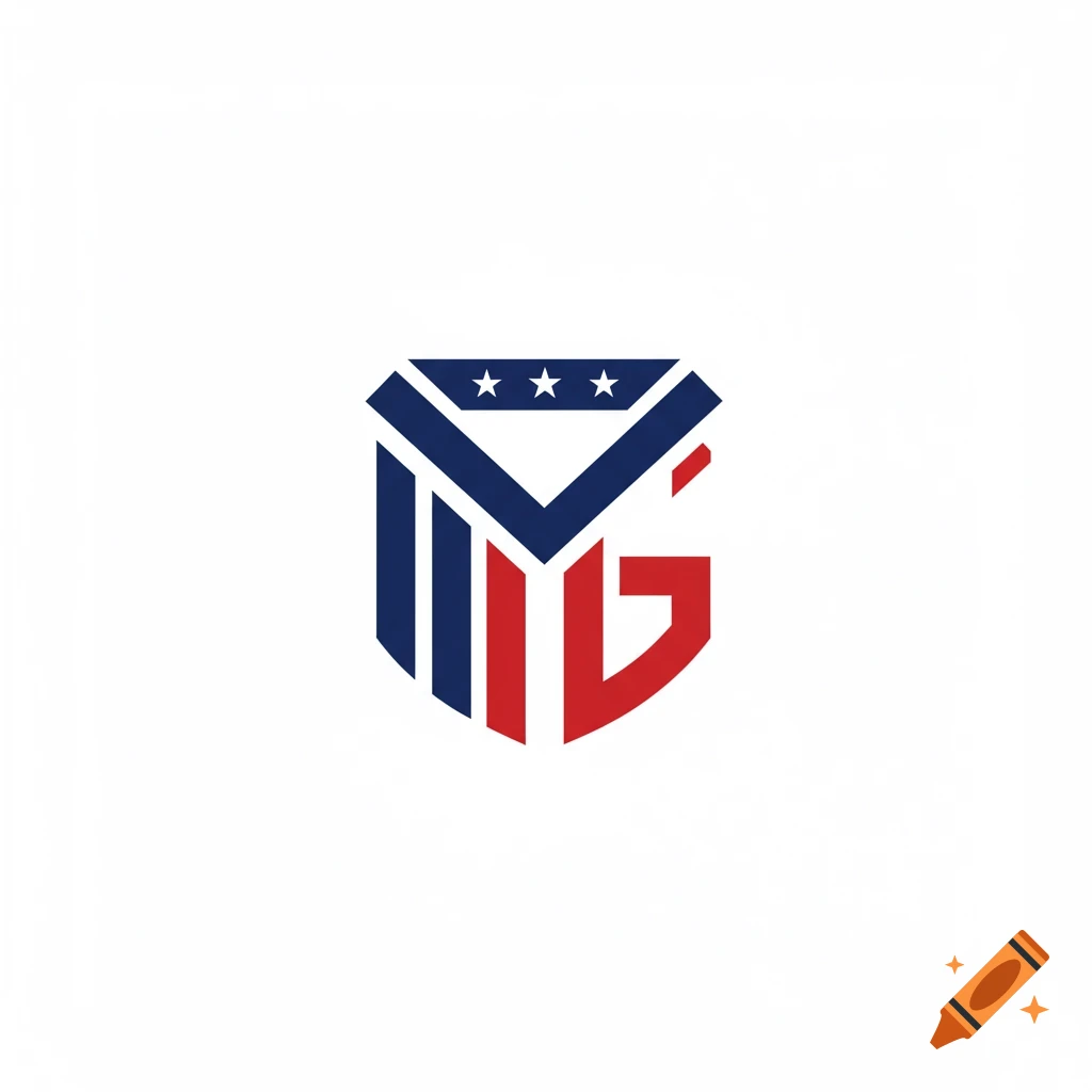 An American style logo with stylized red and blue letters M and G and three white stars above.