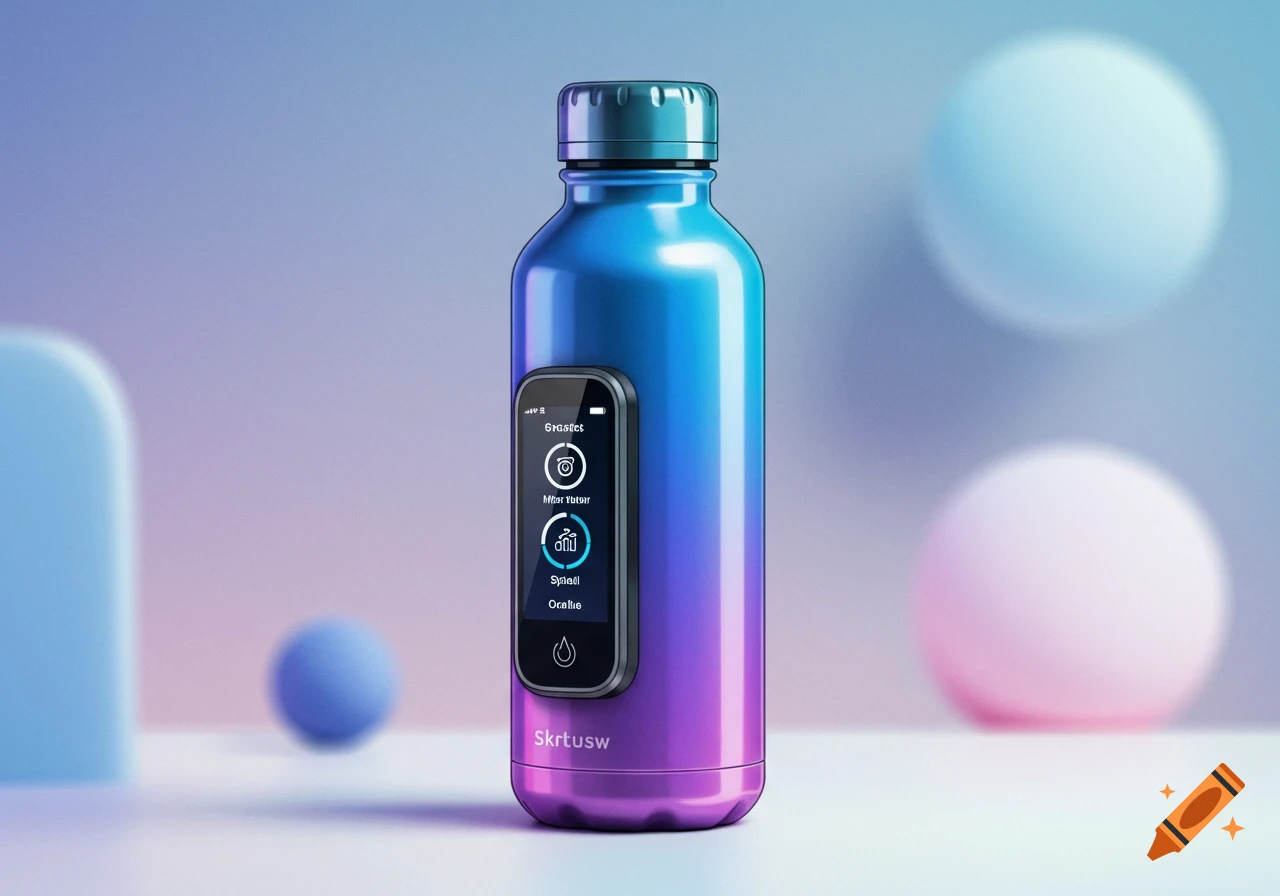 A smart water bottle with a screen displaying garbled text is shown against a blurred background.
