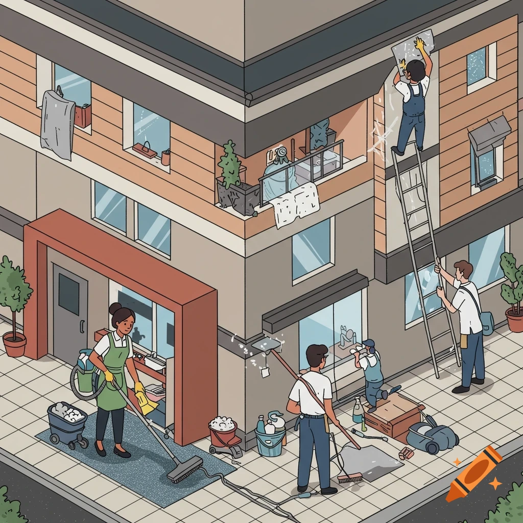 Isometric illustration of people cleaning a building, washing windows and sweeping the ground.