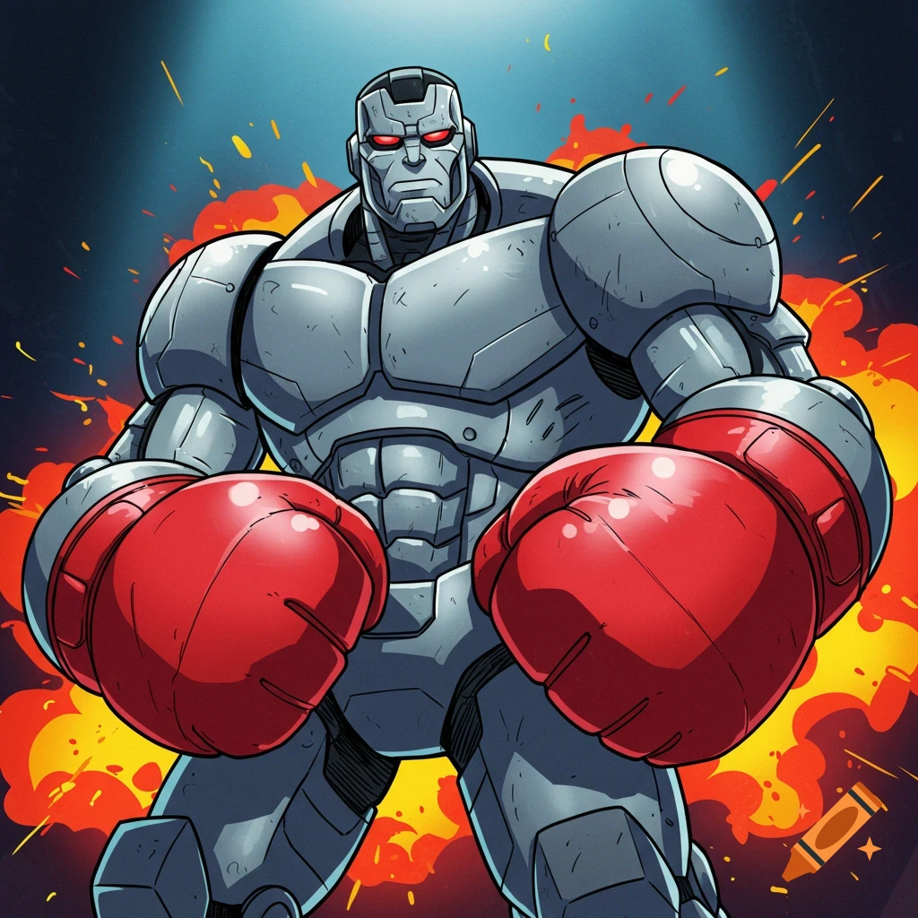 A comic style illustration of a robot boxer with red gloves and explosions behind him.