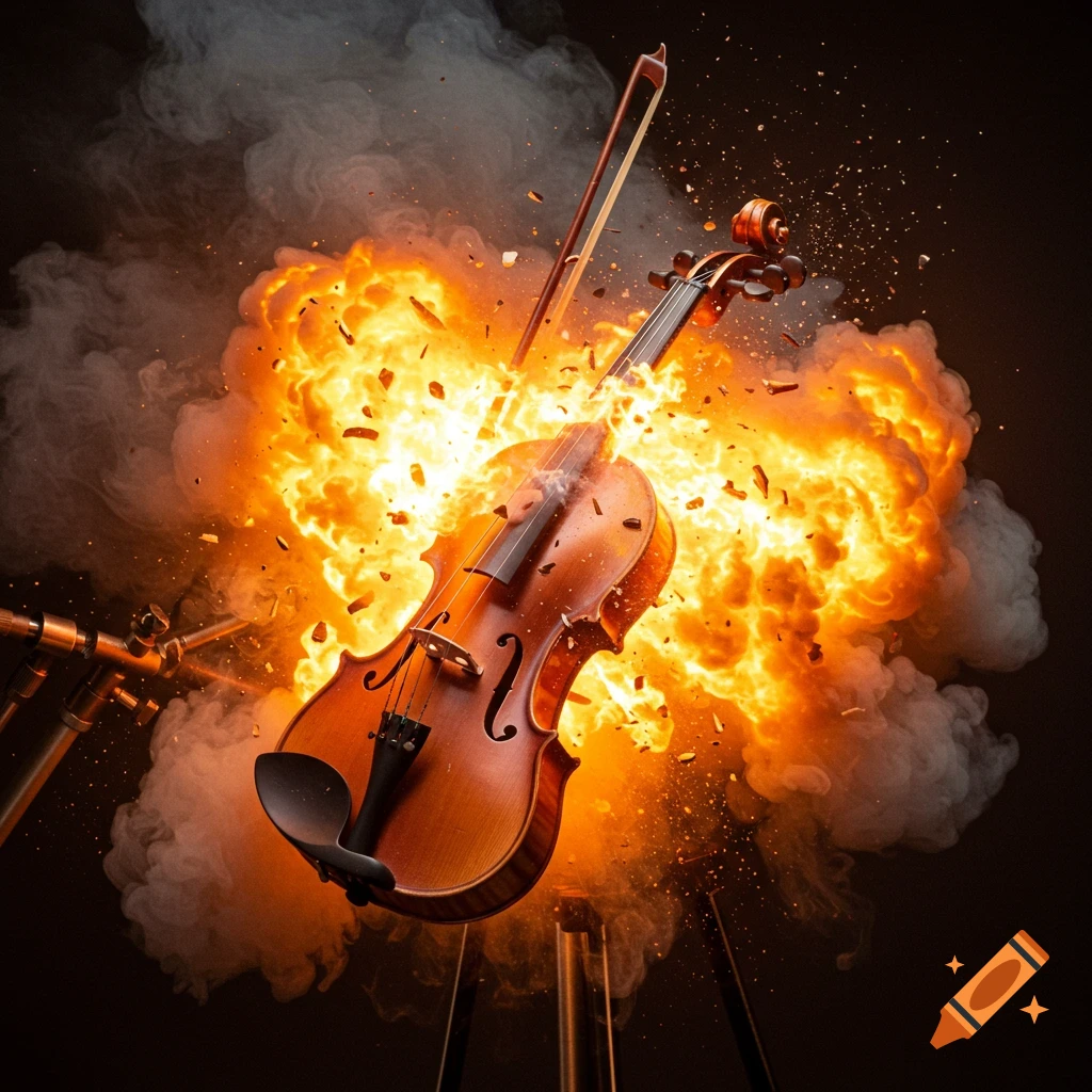 A violin exploding in fire and smoke against a dark background.