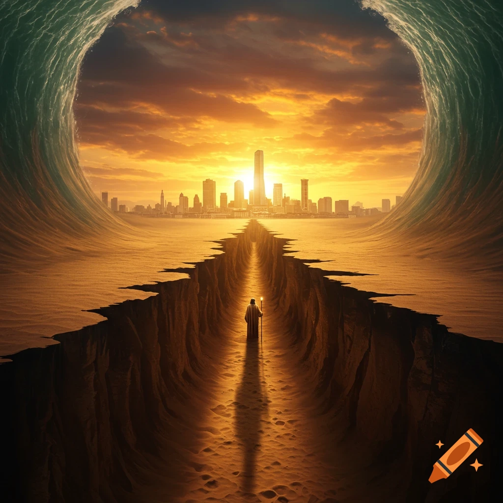 A lone figure stands in a path through desert sand between two immense walls of water or waves, facing a distant city skyline under a dramatic sunset.